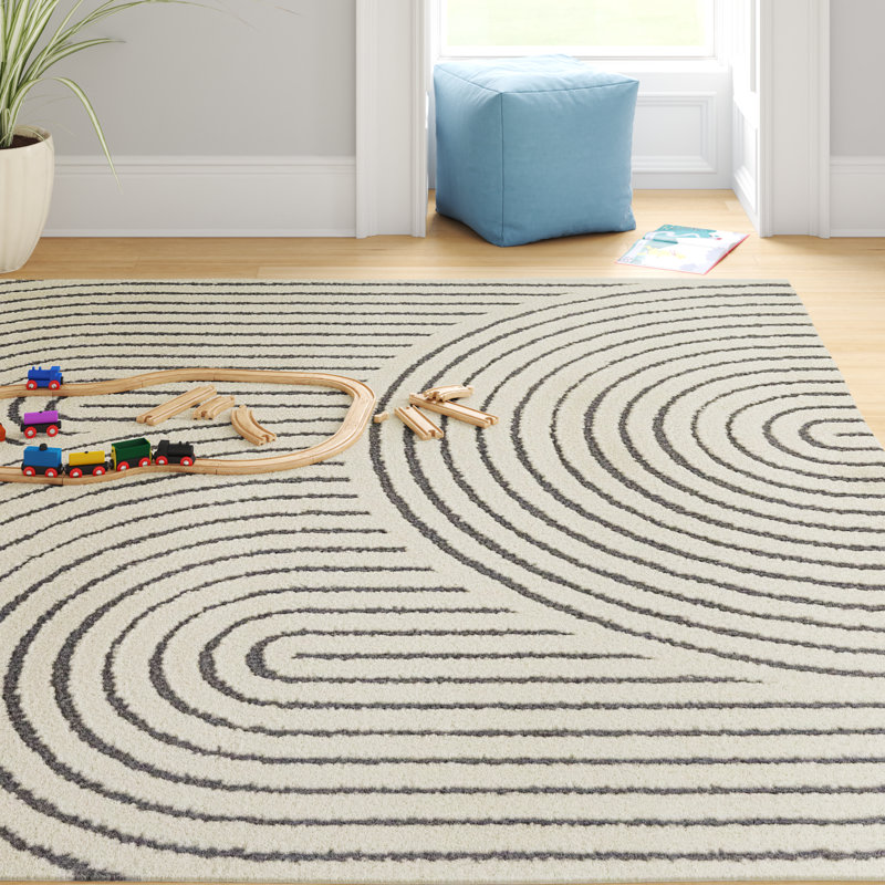 Tapis gris / ivoire en polypropylène tissé à la machine Barklay, Rectangle 6 pi 7 po x 9 pi