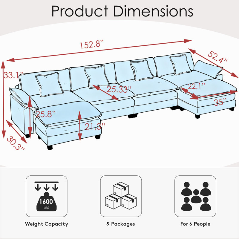 Oversized Modular Chenille Sectional Couch,L Shaped Couch With 6 Pillows, Ottoman, Deep Seat Sectional Couches For Living Room Office