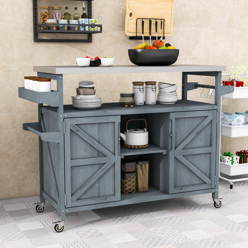 Miho Rolling Kitchen Island with Storage Cabinet, Grill Table with Stainless Steel Top and Spice Rack, Gray/Blue
