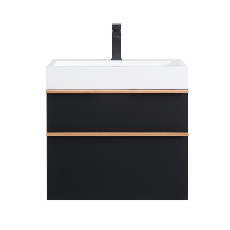 Meuble-lavabo mural noir de 36 po avec lavabo en acrylique intégré, 2 tiroirs à fermeture en douceur, pré-assemblé, conception flottante moderne, poignées bicolores, style rangement organisé, cloisons en bois massif