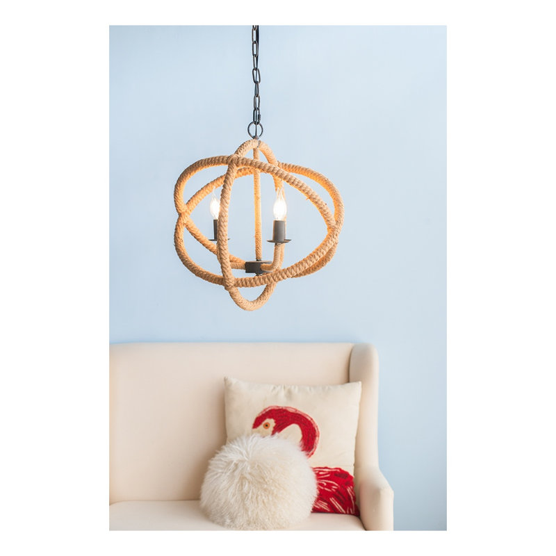 Lustre campagnard à 3 lumières avec revêtement en chanvre, globe et luminaire suspendu