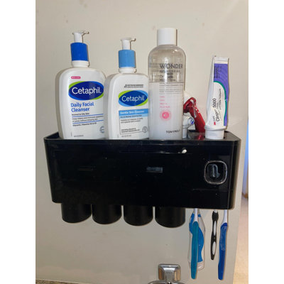 Toothbrush Holder For Bathroom, Wall Mounted With Toothpaste Dispenser And Large Capacity Tray, 3 Cups (Black)