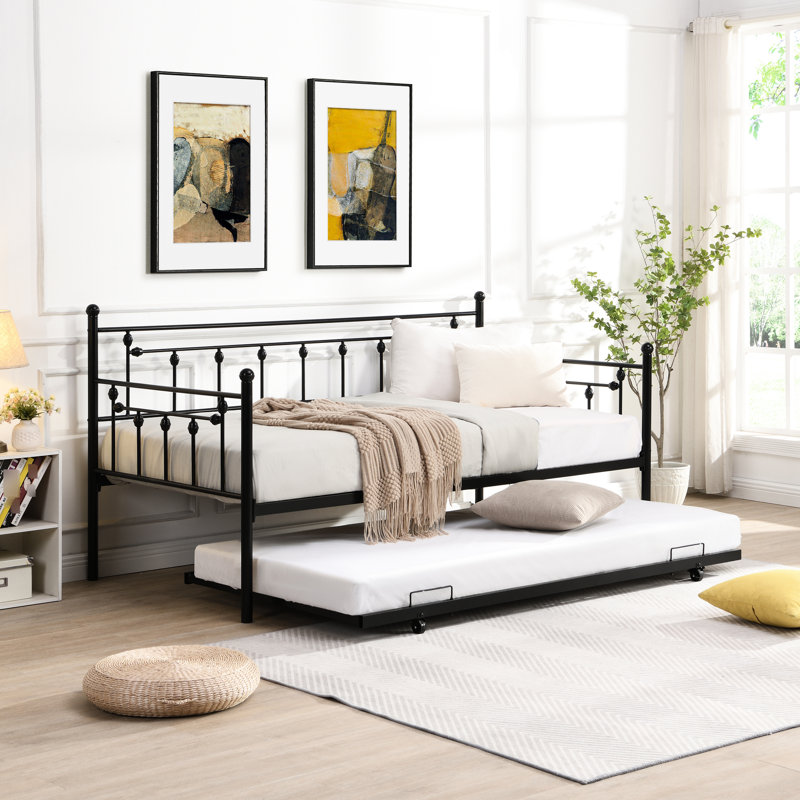 Daybed With Trundle In Black - Modern And Space, Metal Build For Durability, Silent Stable, Easy Assembly Kit Provided, Compatible All Mattresses, 250/350 Lbs Weight Limit Construction Reliable