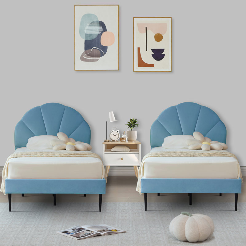 Twin Size Tufted Upholstered Flower Silhouette Headboard Platform Bed (Set of 2), Blue