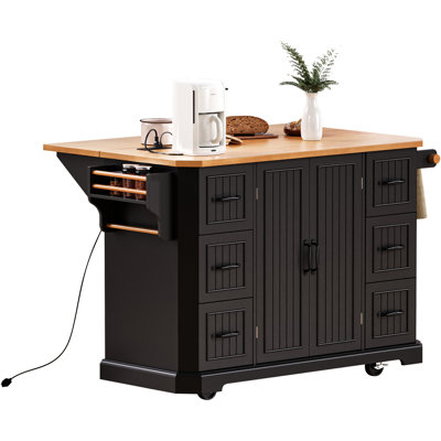 56 Inch Kitchen Island With Rubber Wood Veneer Drop Leaf, Power Outlet, 4 Door Shelves