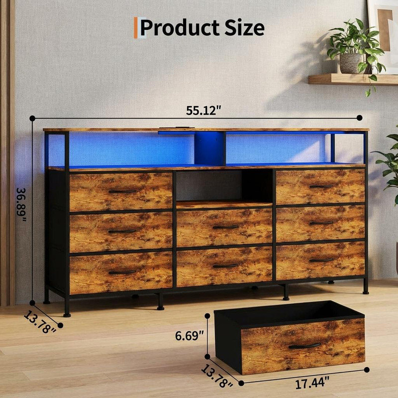 Dresser for Bedroom with LED Lights & Charging Station, 11 Drawer Dressers & Chests of Drawers, Steel Frame, Wood Top, 55 ” Fabric Dresser TV Stand for Bedroom,Hallway, Storage Organization, Entryway