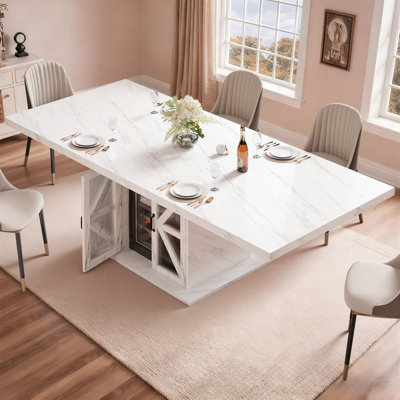 Table de salle à manger moderne pour 4 à 6 personnes, table de cuisine rectangulaire blanche avec rangement, table de salle à manger à piédestal en bois avec réfrigérateur