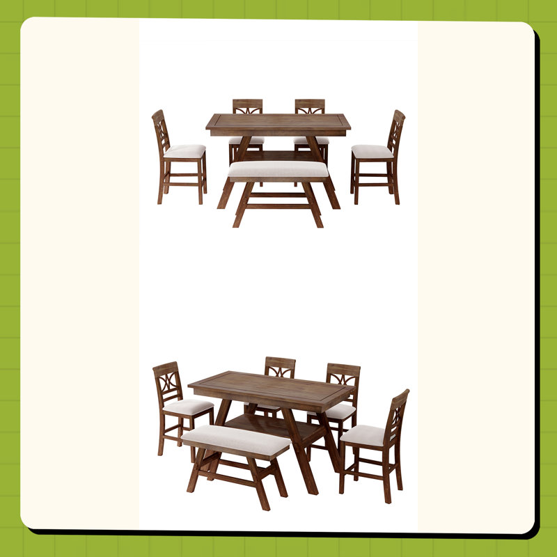 Ensemble de table de salle à manger 6 pièces à hauteur de comptoir en bois avec tablette de rangement, ensemble de table de cuisine avec banc et 4 chaises, style rustique