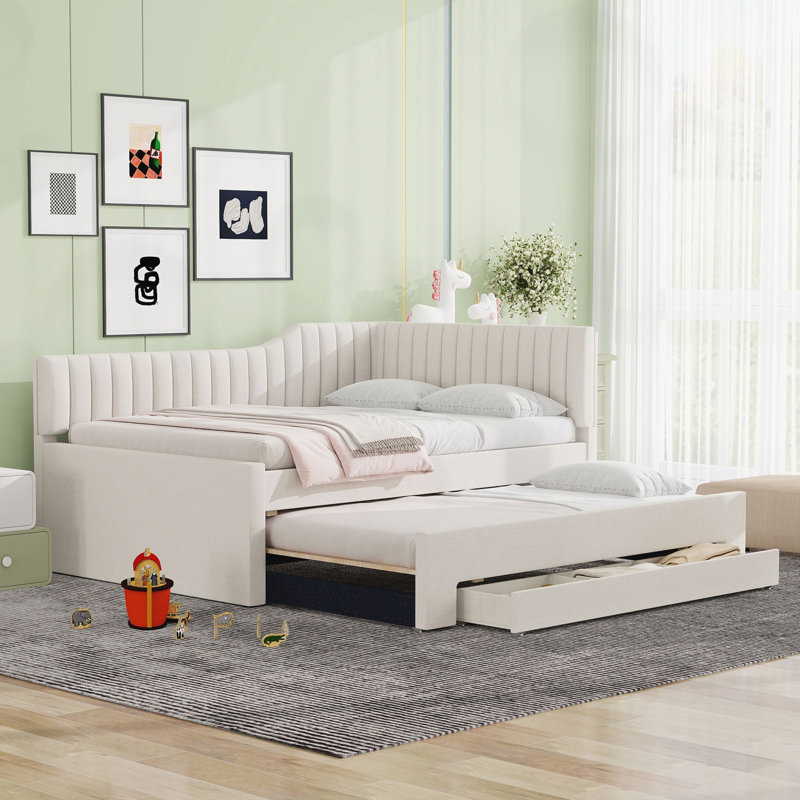 Full Size Upholstered Daybed with Trundle and Three Drawers, Beige