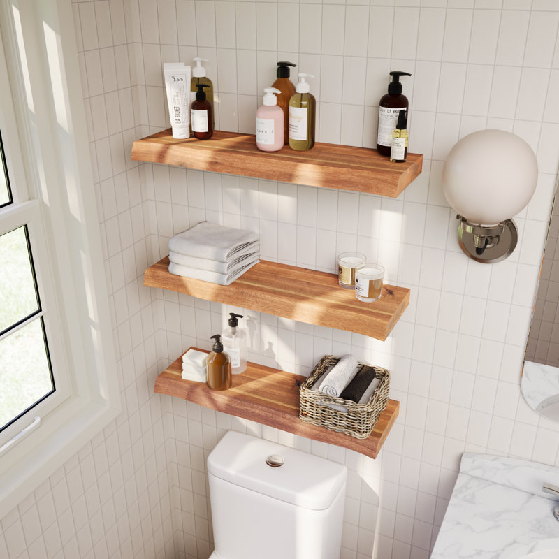 Ensemble de 2 tablettes flottantes en bois massif d'acacia pour bordure de cuisine, cuisine, salle de bain, espace de travail, aspect teck