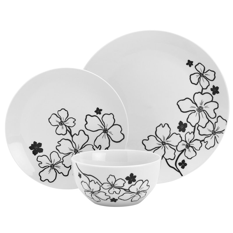 Margo White and Black Floral Porcelain 12-Piece Dinnerware Set