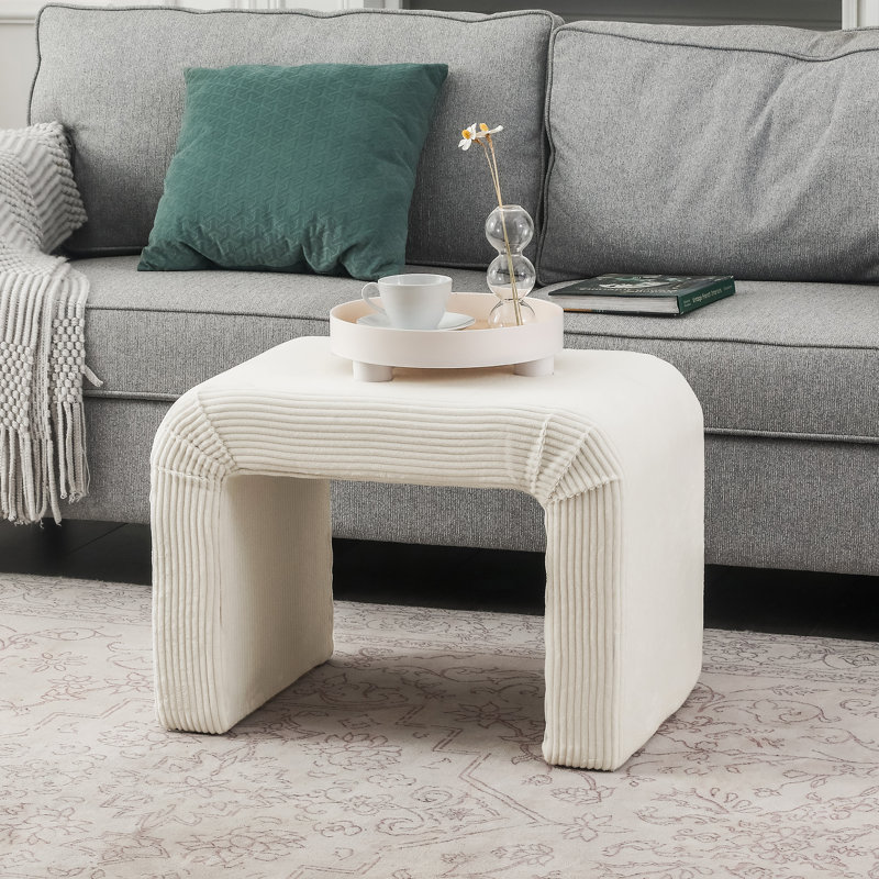 24 Inches Upholstered Waterfall Ottoman Footstool, Ivory Corduroy
