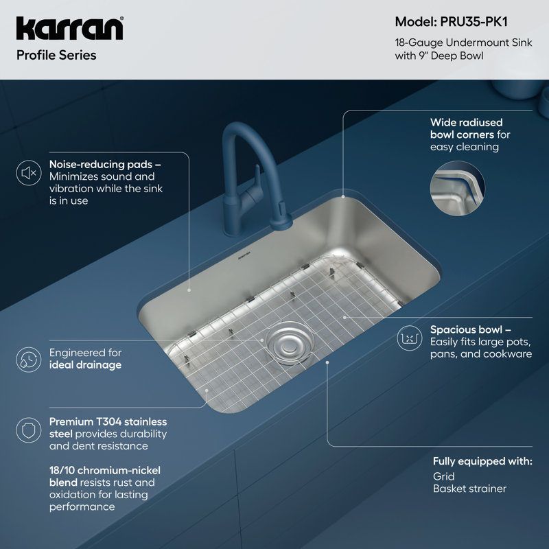 Karran Profile 30 inch Undermount 18 Gauge Single Bowl Stainless Steel Kitchen Sink with Accessories