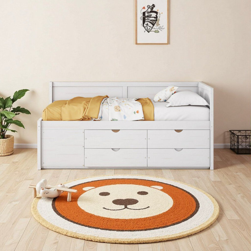 Modern Full Size Daybed with Storage Drawers & Shelves - White, Solid Wood, Space-Saving Design, White