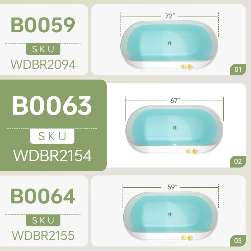 67" x 31.5" Freestanding Soaking Acrylic Bathtub, White, Matte Black