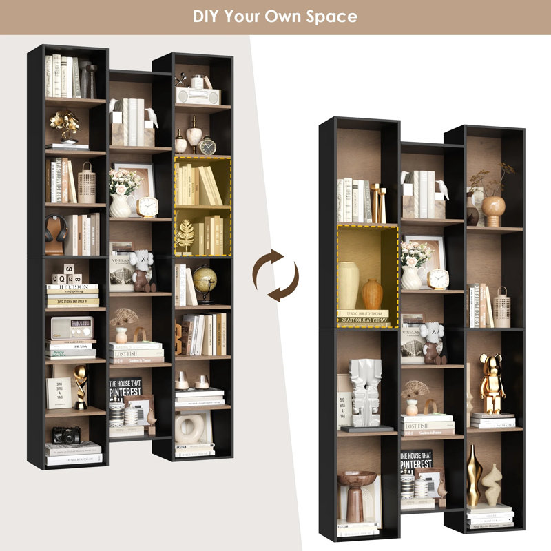 📖✨ 2-Pack 8-Tier Bookcase Set, 21-Cube Storage Bookshelves Unit With Adjustable & Removable Shelves, Black/Walnut