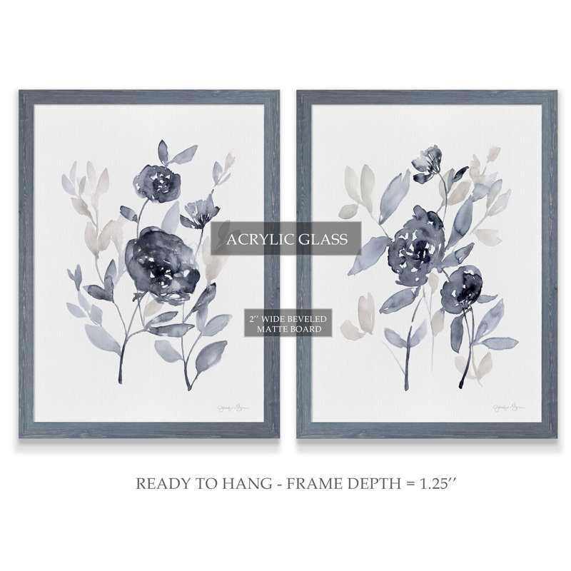 Pivoines en gris - ensemble de 2 reproductions d'art encadrées, H 20 po x l 16 po, Toile encadrée, Gris