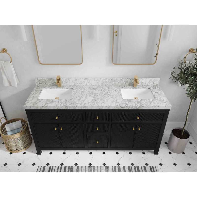 72'' Double Bathroom Vanity with Top, Black, Carrara Marble
