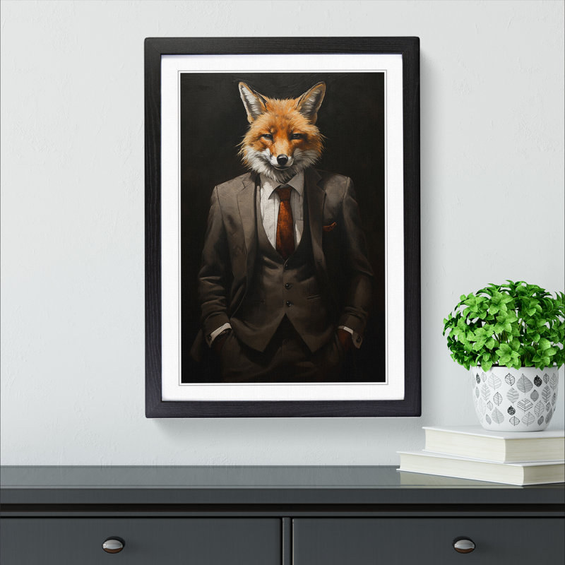 Fox In A Suit Painting - Single Picture Frame Print on Wood, 46cm H x 34cm W, Black Framed