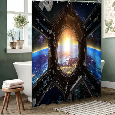 Space Earth Rocket Solar System Shower Curtain with 12 Hooks
