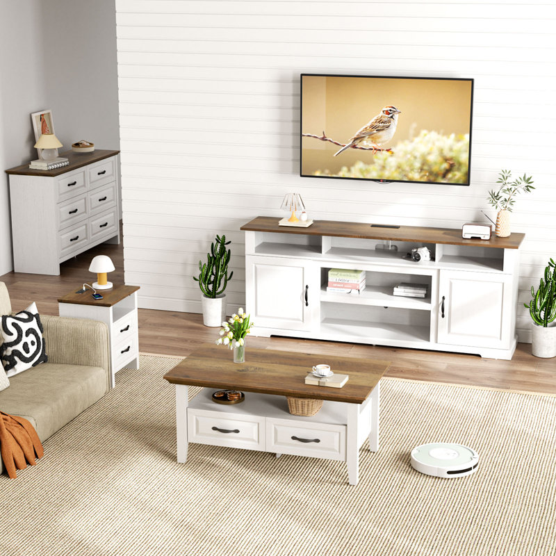 Farmhouse Coffee Table with 2 Drawers and Open Shelf, Brown/White