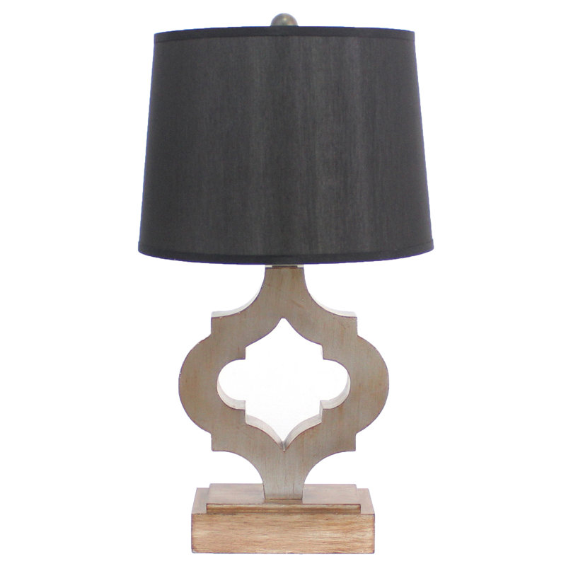 Lampe de table en bois avec base quadrilobe, noir et blanc antique, H 25,25 po x l 14 po x P 12 po