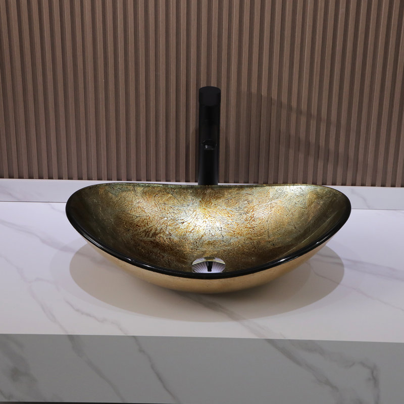 Glass Bathroom Sink 21.5"L x 14"W Oval Bathroom Sink Tempered Glass Bathroom Vessel Sink with Pop-up Drain, Antique Brass