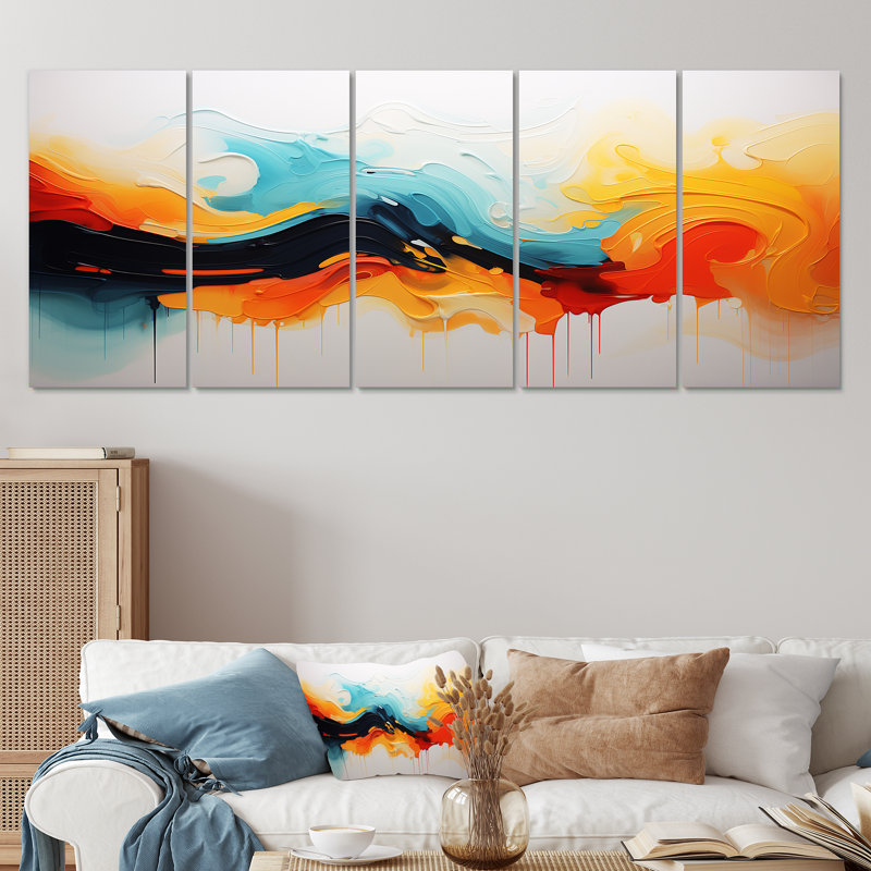 «Yellow Fractal Paint Wave Expression V» - peinture abstraite, art mural 5 pièces, H 32 po x l 80 po