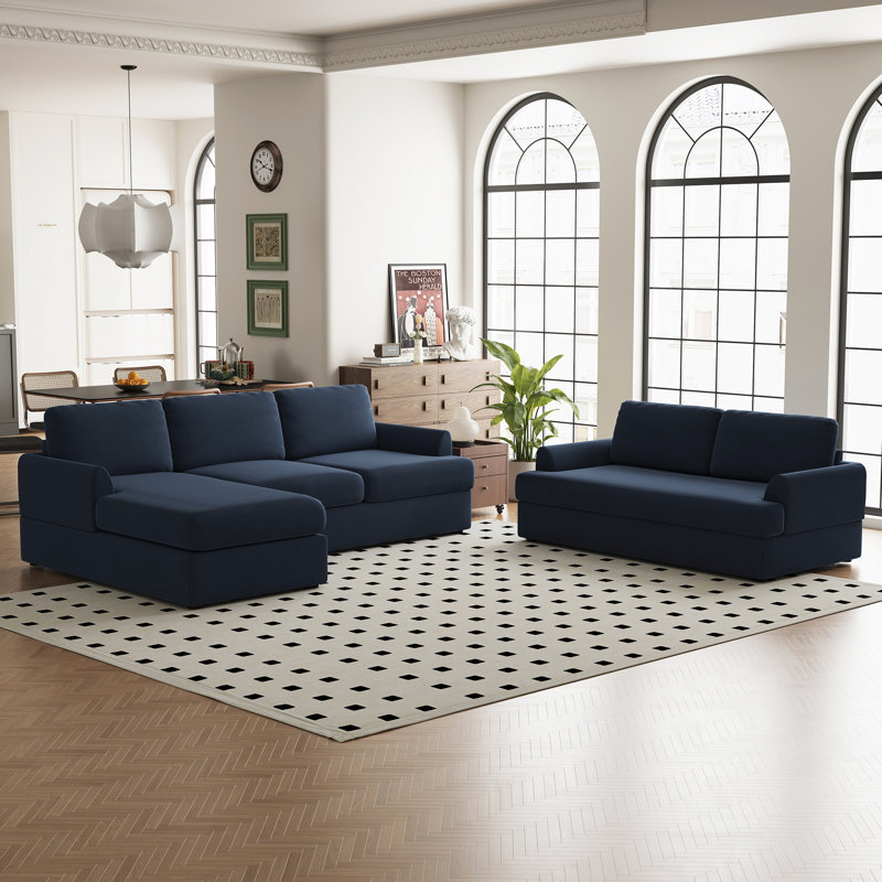 Ensemble de canapé modulaire et de causeuse en L rembourré en velours moderne pour salon, Blue