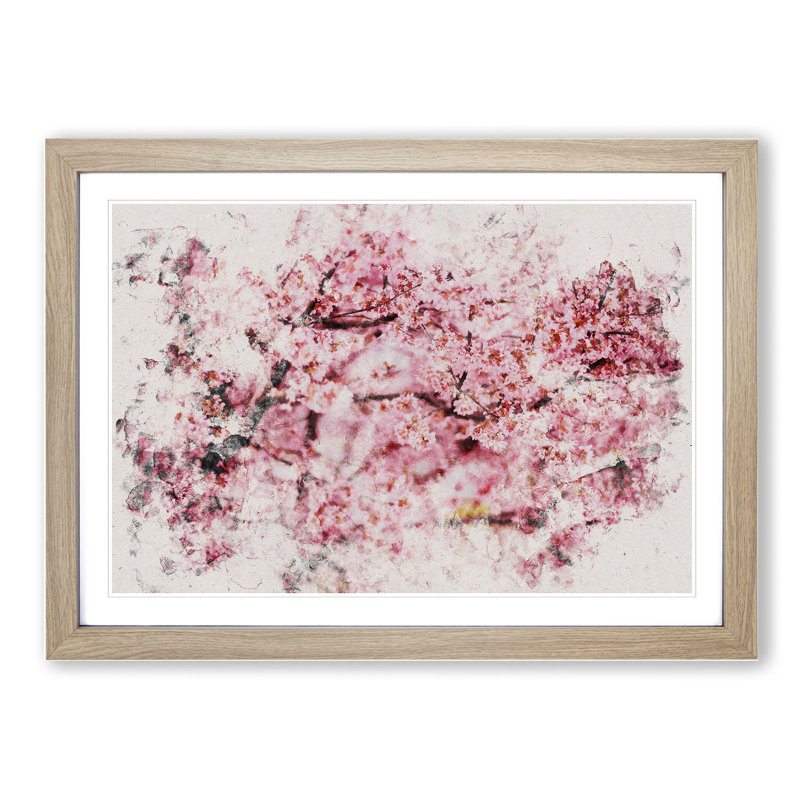 Pink Cherry Blossom Flowers Vol.3 - Picture Frame Graphic Art, 48cm H x 65cm W x 2cm D, Oak Framed