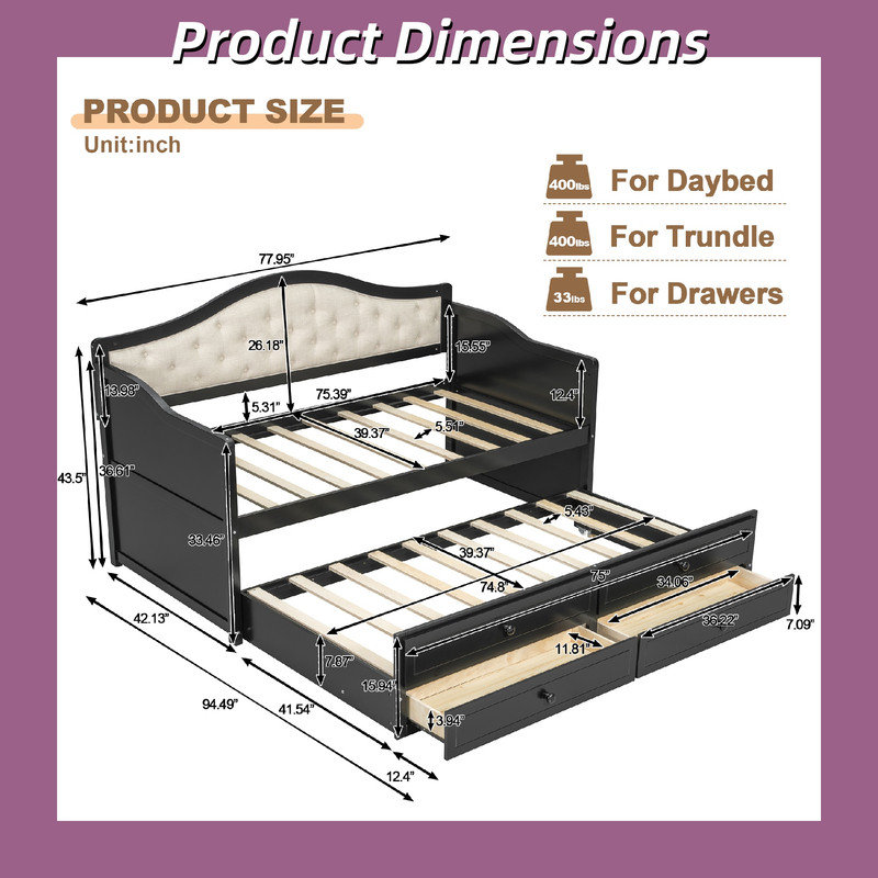 Twin Daybed with Trundle and Storage Drawers, Upholstered Button Tufted Sofa Bed for Guest Rooms, Black