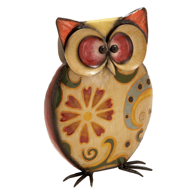 Alfkil Metal Indoor Outdoor Owl Decorative Yellow Garden Sculpture with Floral Pattern