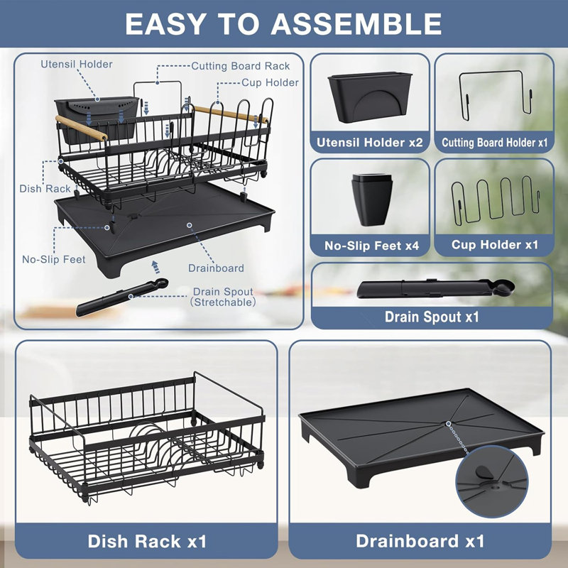 Large Rustproof Dish Drying Rack With Drainboard, Utensil Holder, And Cutting Board Slot