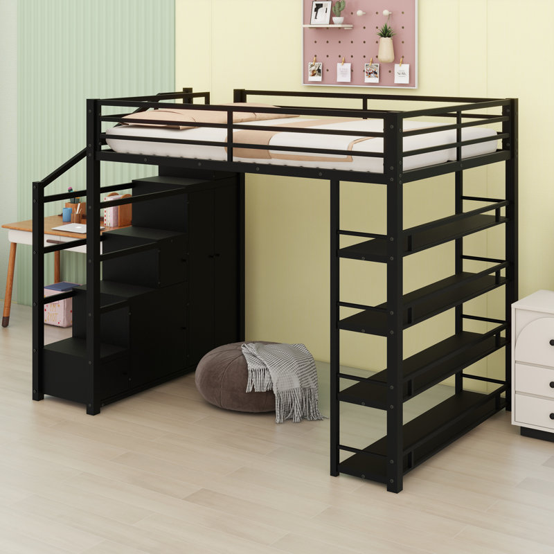 All-in-One Loft Bed with Multi-Tier Shelves, Enclosed Cabinets, and Hanging Wardrobe
