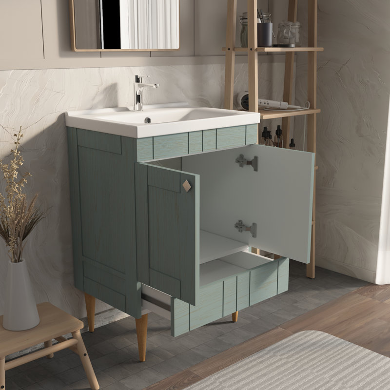 Meuble-lavabo avec lavabo en céramique Sara, Vert mer, 25"