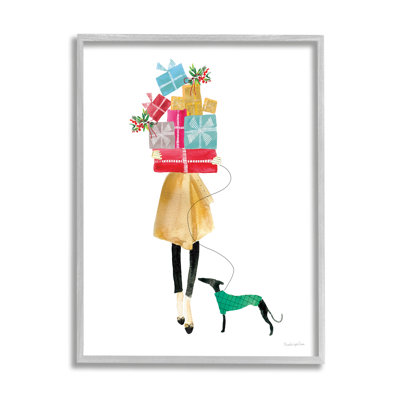 Femme joyeuse tenant divers cadeaux des Fêtes et chien, estampe numérique encadrée, art texturé par Mercedes Lopez Charro