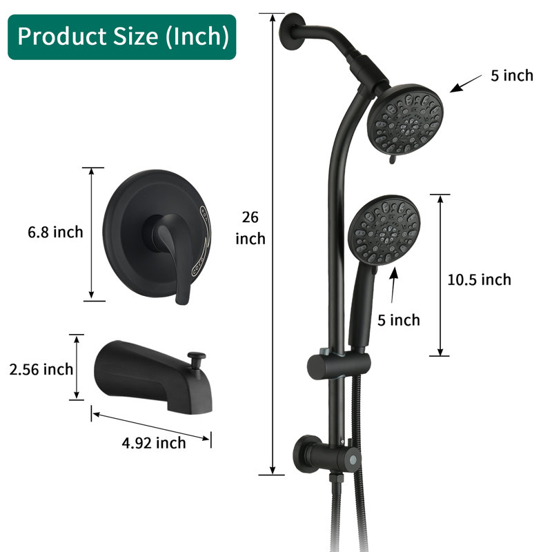 Douche à barre coulissante en acier inoxydable, double tête à 7 réglages, noir mat, débit de 1,8 gallon par minute, système de douche en mode brouillard hydratant avec perceuse en acier, jet de pluie / massage