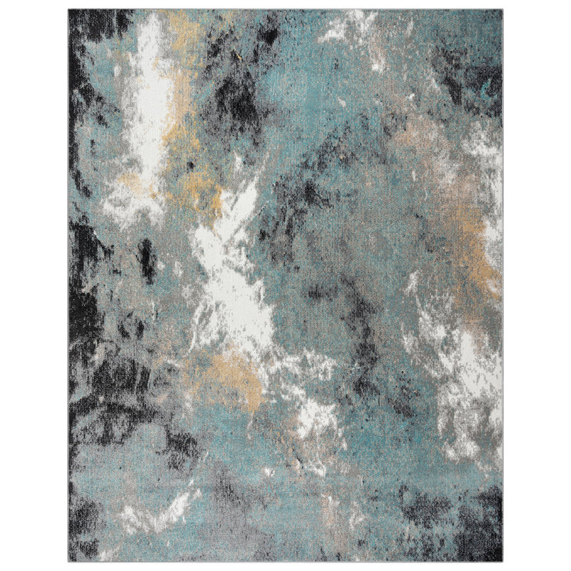 Gretchen Satori Modern Abstract Aqua/Navy Blue/Gold/Ivory Polypropylene Indoor Area Rug, Rectangle 6'6" x 9'6"