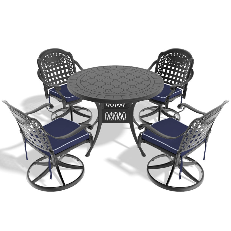 Ensemble de salle à manger 5 pièces en aluminium coulé résistant aux intempéries, comprenant 4 chaises pivotantes et une table ronde de 39,37 po avec structure noire