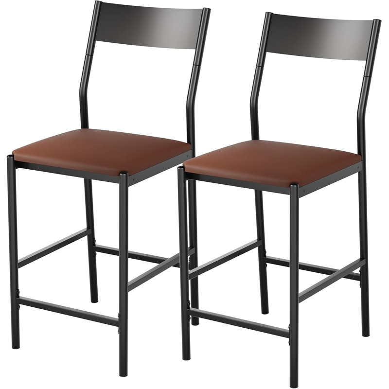 Modern Counter Height PU Leather Barstools with Curved Iron Backrest & Footrest, 300 lbs Capacity Iron Tube Frame for Kitchen Island
