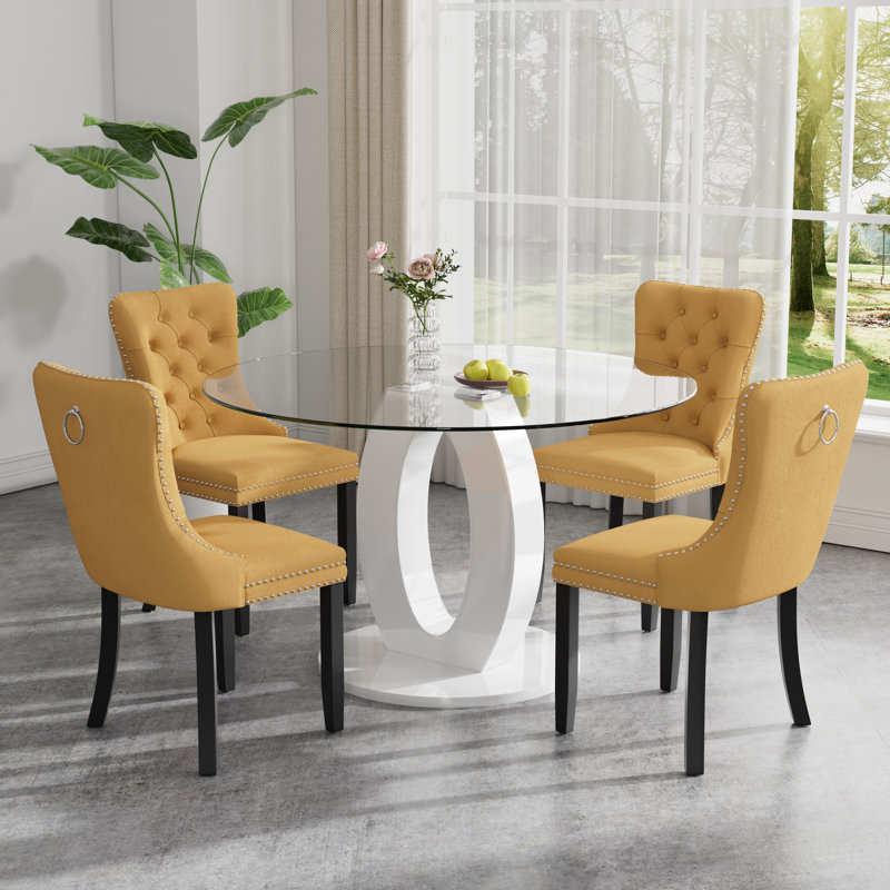 High Gloss Round Dining Table Set with 4 Velvet Dining Chairs, Gray/Silver