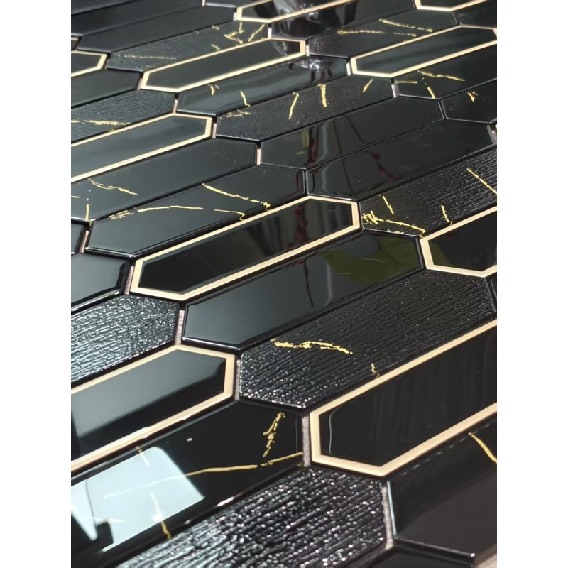 Glass Mosaic Wall Tile, Black & Gold Glazed