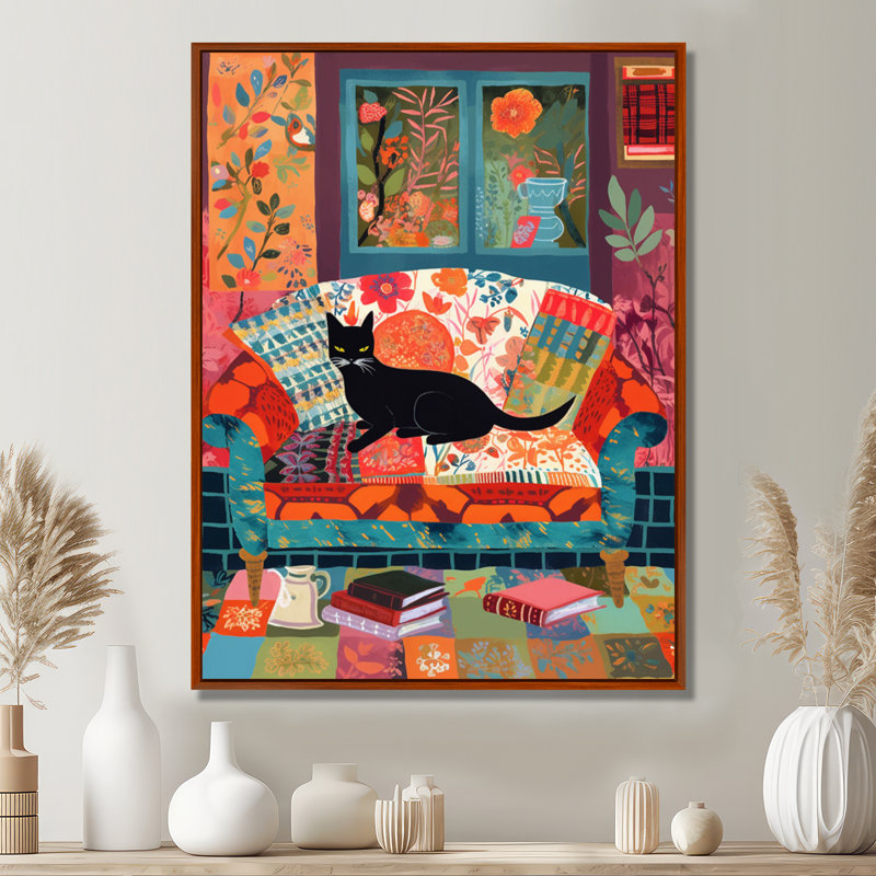 Chat noir sur canapé Boho Cozy - reproduction d'art murale chat, H 32 po x l 24 po x P 1 po, Toile avec cadre noir