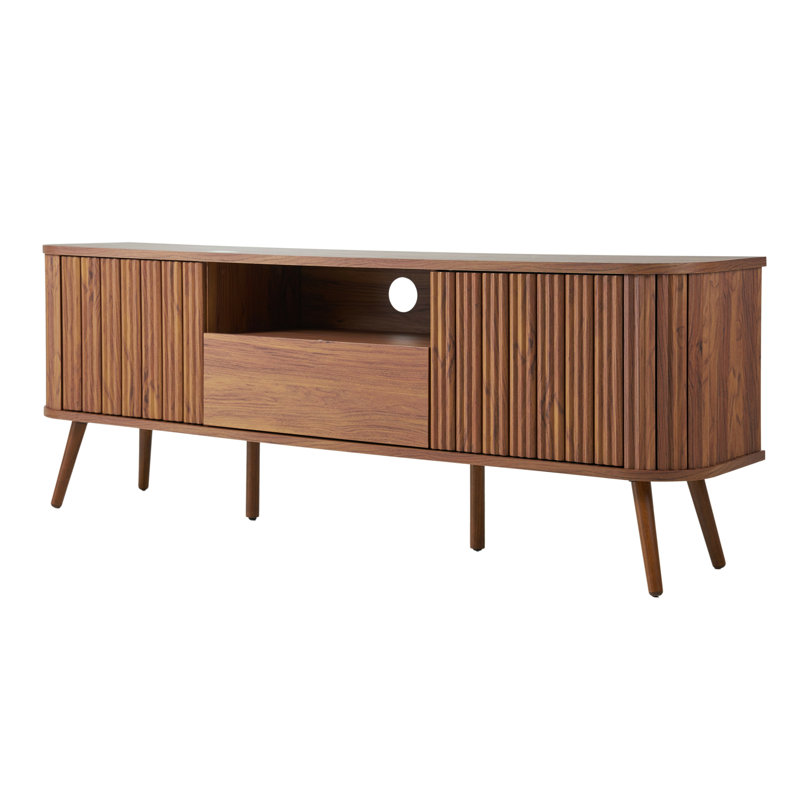 Damien 70" Mid-Century Fluted Walnut TV Stand for TVs up to 75", Wood Entertainment Center Media Console with Soft-Close Doors & Drawer