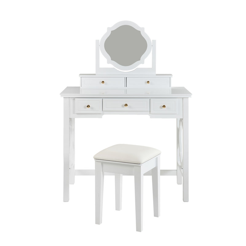 Coiffeuse compacte avec miroir réversible, coiffeuse avec tabouret, coiffeuse compacte pour petits espaces, blanc