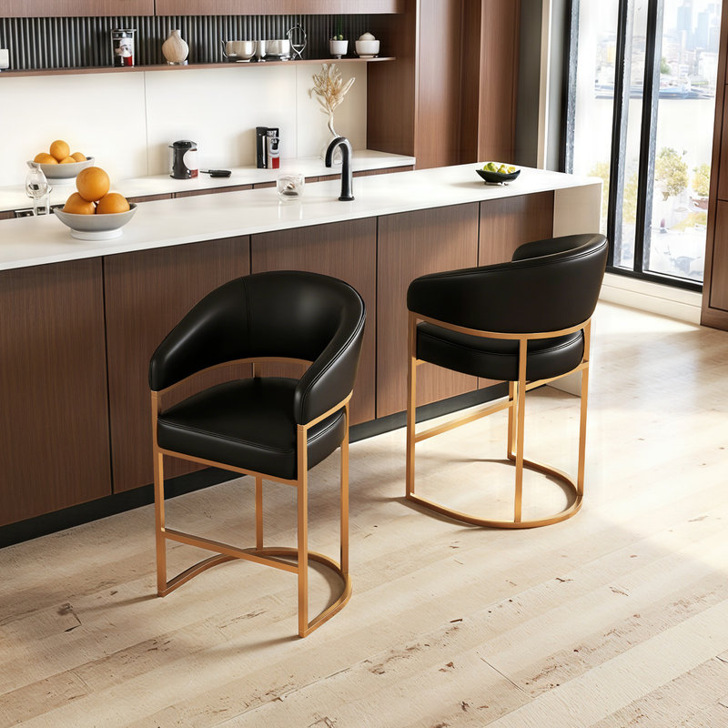 Tabouret de bar de 66 cm (26 po) de hauteur comptoir, en cuir PU noir avec base en métal doré, Doré, Similicuir noir