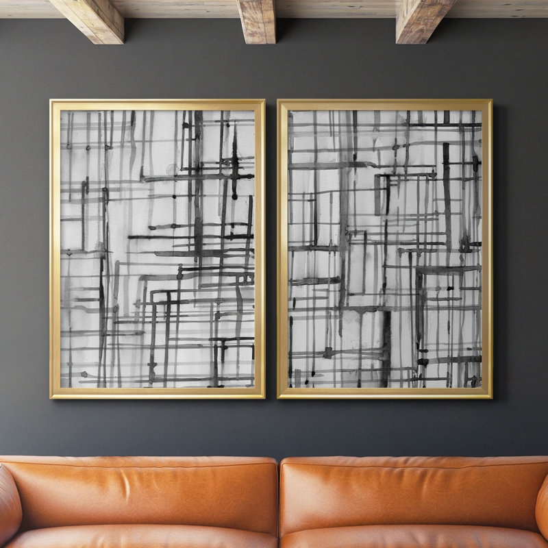 Line Meditation I, toile encadrée de qualité supérieure - prête à être accrochée, Or, H 36,5 po x l 53 po x P 2,5 po