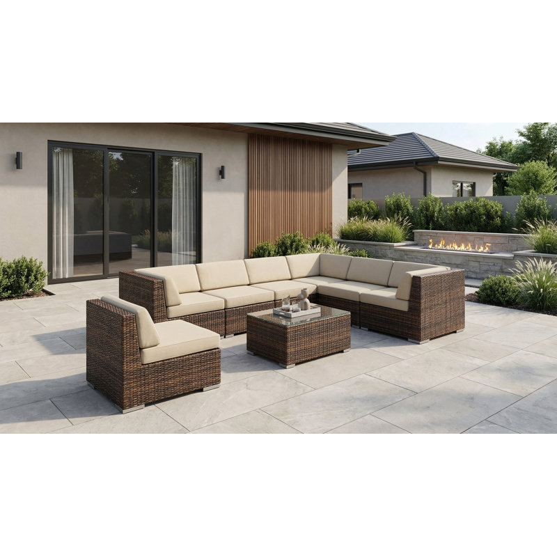 Ensemble de conversation en osier pour 7 personnes avec coussins Billyjo Wicker, Mélange de bruns