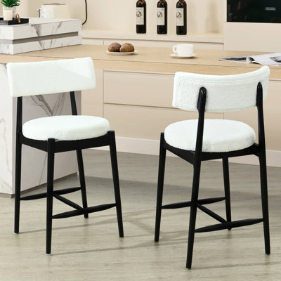 Of 2 Mid Century Modern Counter Stools, Black + Beige Design, Skin - Boucle, Rubber Wood Frame, I Shaped Footrest, For Restaurant And Dining Room Boucle Upholstered Round Cushion, Legs With Grains,