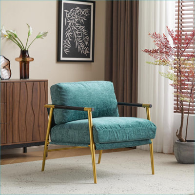 Chaise d'appoint moderne pour adultes 27,56 ", coussin en peluche avec accoudoirs en bois et siège en métal pour le bureau de la chambre à coucher